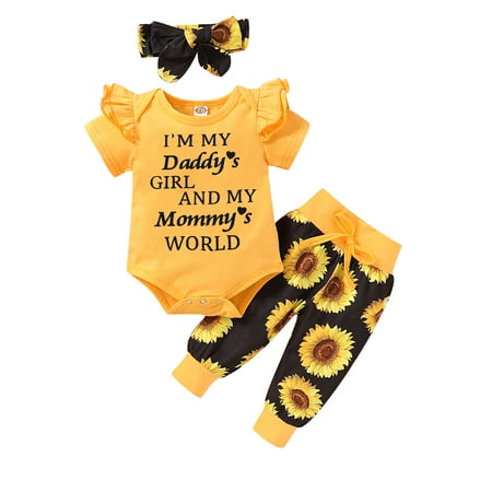 Nokpsedcb 3Pcs Infant Baby Girls Clothes Ruffle Romper Floral Pants Headband Summer Sets Yellow 3-6 Months