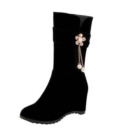 SEMIMAY Ladies Fashion Solid Suede Pearl Flower Decorative Side Zipper Wedge Heel Medium Boots Black
SEMIMAY Ladies Fashion Solid Suede Pearl Flower Decorative Side Zipper Wedge Heel Medium Boots Black