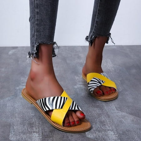 Fjofpr Slippers for Women Summer Ladies Slippers Cross Band Flat Bottom Sandals Casual Women Shoes Leopard Print Slippers Hot