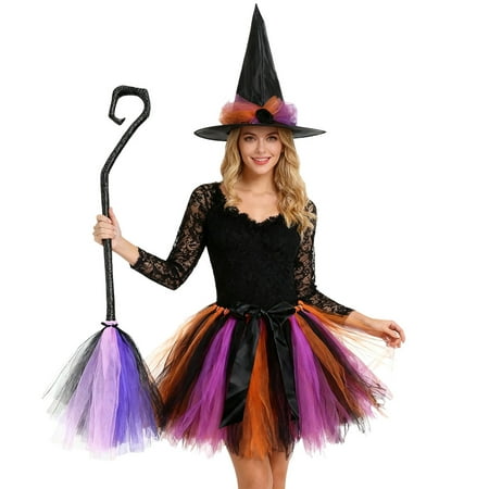 Halloween Witch Costume for Women with Broom Rainbow Witch Tutu Outfit Skirt Hat Free Size Halloween Party Dress Up Supplies Orange Set 4