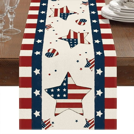 4th of July Table Runner America Flag July 4th Table Runners Patriotic Decoration for Home Kitchen Dining Table Farmhouse Blue Truck Red Star Fourth of July Runners Decor