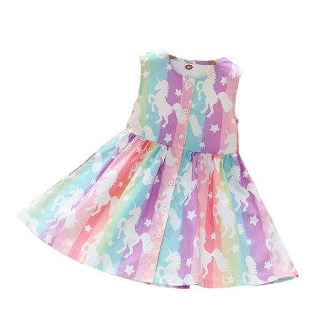 Summer Little Girls Dress Rainbow Stripe Sleeveless Princess Skirt