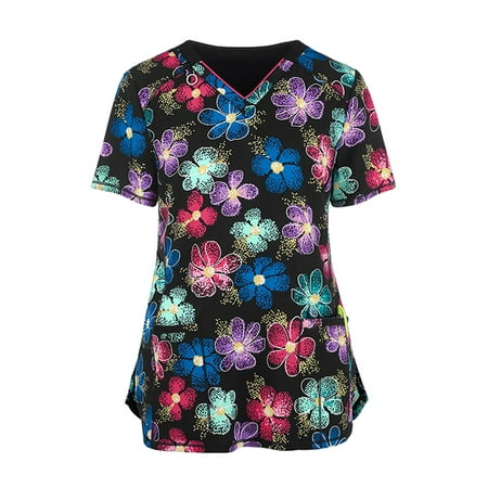 Paille Women V-neck Scrub Tops Print Short Sleeve Tunic Blouse Top Casual Work T-shirt Pullover with Pockets 
Paille Women V-neck Scrub Tops Print Short Sleeve Tunic Blouse Top Casual Work T-shirt Pullover with Pockets
