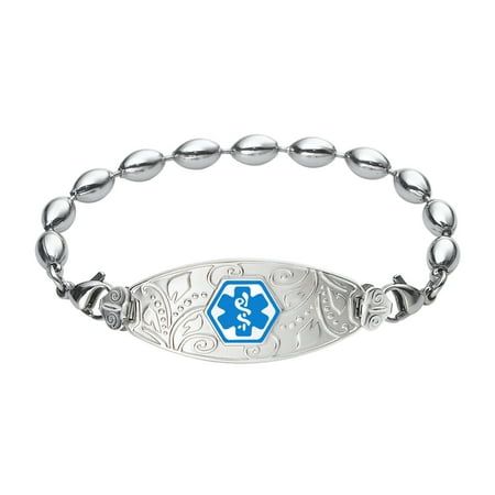 Divoti Deep Custom Laser Engraved Lovely Filigree Medical Alert Bracelet -Stainless Rice Bead