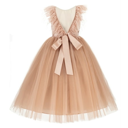 Backless Ostrich Feather Flower Girl Dress Pretty Princess Gown OS3