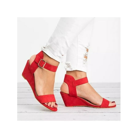 Gomelly Women s Wedge Sandals Ankle Strap Sandals Summer Casual Shoes Red 6.5