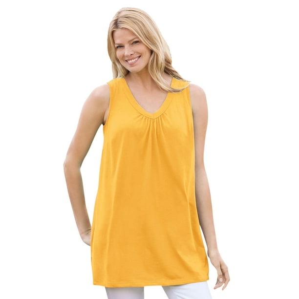 Woman Within Women's Plus Size Perfect Sleeveless Shirred V-Neck Tunic