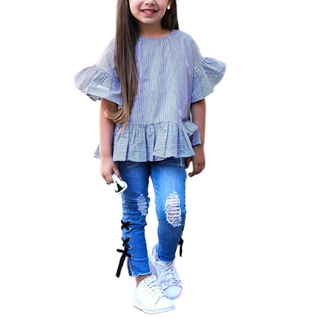 Toddler Kids Baby Girl Striped Blue Half Sleeves Tops Shirt Ripped Denim Pants Set Outfit Summer Clothes
Toddler Kids Baby Girl Striped Blue Half Sleeves Tops Shirt Ripped Denim Pants Set Outfit Summer Clothes