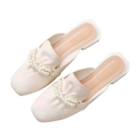Low Heel Backless & Toe Closed Flat Sandals for Women - Size 38 Faux Pearl Encrusted Creamy White Slides
Low Heel Backless & Toe Closed Flat Sandals for Women - Size 38 Faux Pearl Encrusted Creamy White Slides