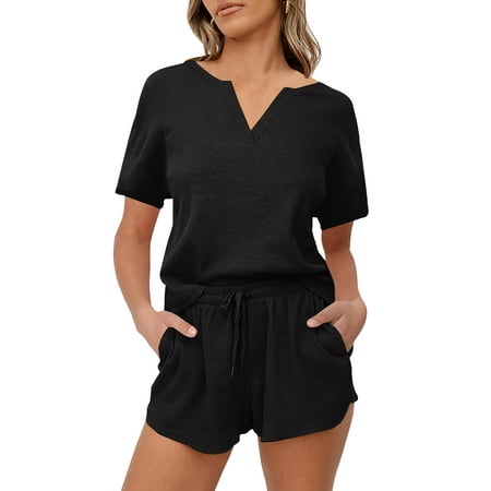 Women s Waffle Knit Pajama Set V-Neck Short Sleeve Top and Shorts Casual Solid Color With Pockets
Women s Waffle Knit Pajama Set V-Neck Short Sleeve Top and Shorts Casual Solid Color With Pockets