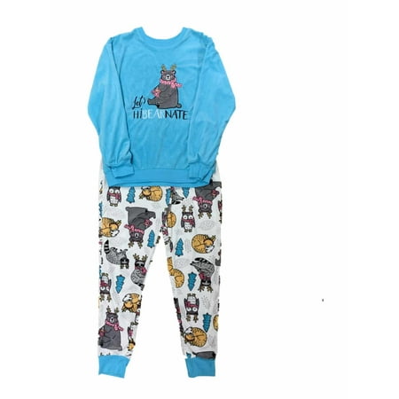 Nite Gear Womens Blue Fleece Let s Hibearnate Bear Owl Fox Pajamas Sleep Set S