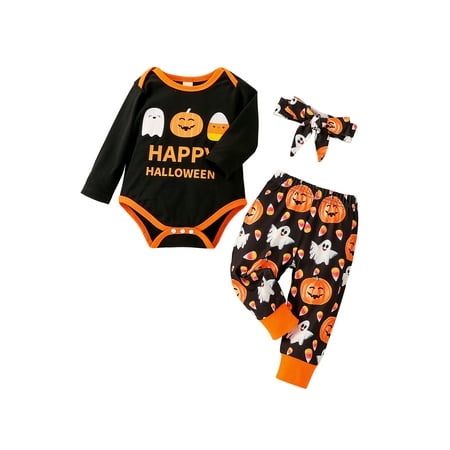 

ZIYIXIN 3Pcs Newborn Baby Girl Halloween Outfits Long Sleeve Romper Pumpkin Print Pants Headband Clothes Black 6-9 Months