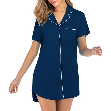 Women Short Sleeve Boyfriend Sleepshirt Button Down Lapel Collar Loose Nightgown