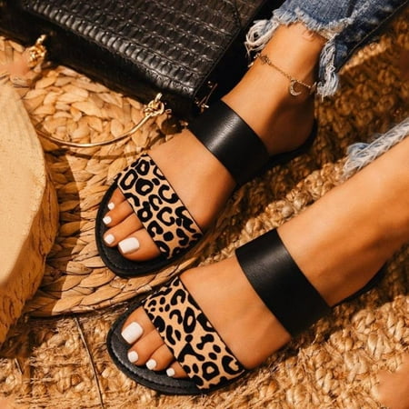 Fashionable Plus Size Leopard Print One-Line Casual And Breathable Flat Sandals