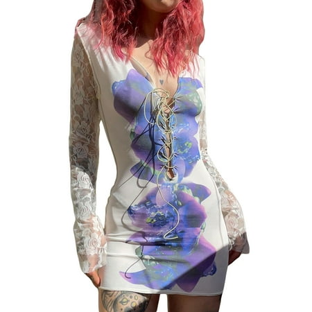 One opening Female Dress Floral Print Long Sleeve Bandage Lace Patchwork One-Piece for Spring Autumn
One opening Female Dress Floral Print Long Sleeve Bandage Lace Patchwork One-Piece for Spring Autumn