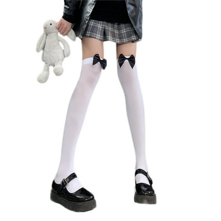 Women Sexy Sheer Thigh High Stockings with Bow Lolita Silky Over Knee Long Socks