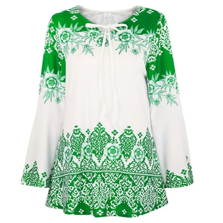 Women Chinoiserie Printed Trumpet Sleeve Top Shirt Keyhole T-shirt