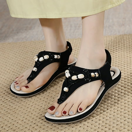 Akiihool Summer Sandals Women s Elastic Flat Sandals Gladiator Flat Sandals Ankle Strap Flat Sandals (Black 7)