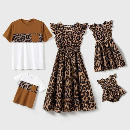 

PatPat Family Matching Leopard Print Flutter-sleeve Belted Dresses and Short-sleeve Colorblock T-shirts