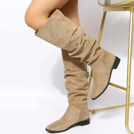 Women‘s Knee-High Chunky Heeled Slouchy Boots Solid Color Slip-On Boots Women‘s Footwear