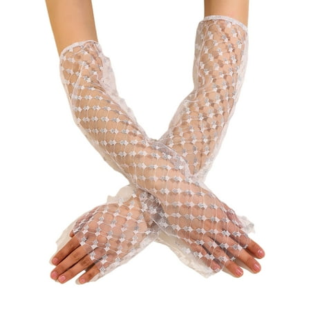 Women Grid Pattern Decor Long Sleeve Gloves Elastic Breathable Sexy Gloves