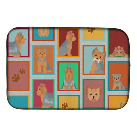 Lots of Blue and Tan Yorkie Dish Drying Mat 14 in x 21 in