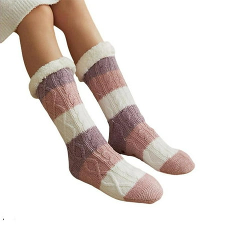 

Women s Winter Fuzzy Slipper Socks Non Slip Soft Cozy Fleece Lining Knit Thick Sleep Socks Stripe Casual-Hemp pollen purple
