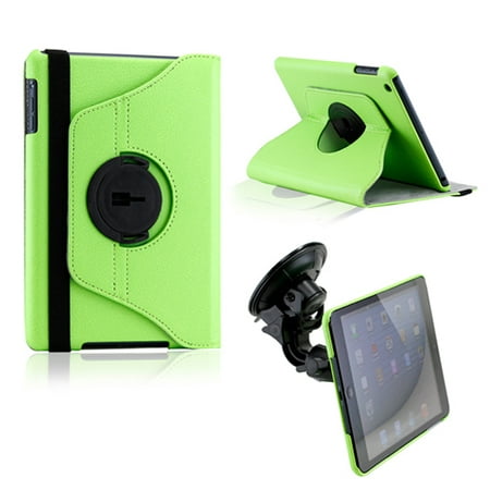Green Dual Function 360 Degree Rotating PU Leather Case Cover with Car Mount for iPad Mini 1 and 2