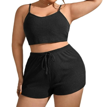 Womens Plus Pajamas Sets Plain Short Sets Sleepwear PJ Set Black 1XL