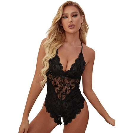 

ZWUYIYHJ Women s Floral Lace Scalloped Trim Criss Cross Back Lingerie Teddy Bodysuit