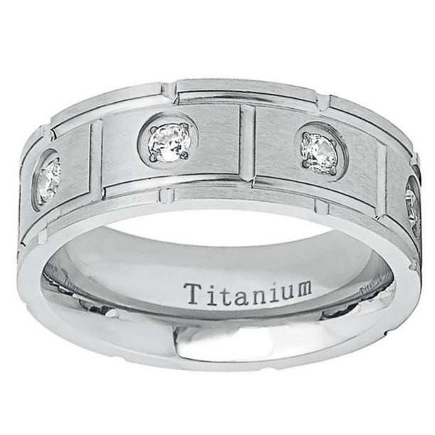 Men Women Titanium Wedding Band Ring 8mm Brushed Finish CZ Ring