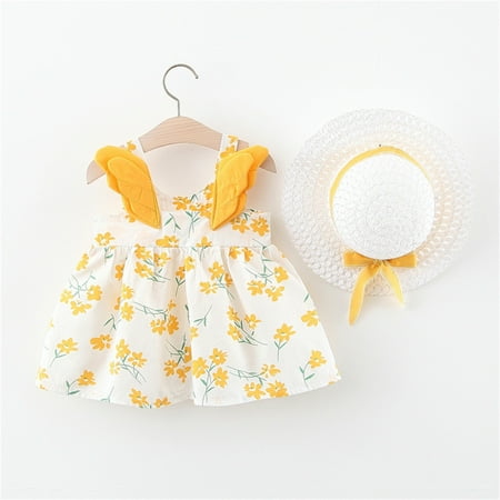 Hunpta Toddler Infant Baby Girls Summer Princess Dresses Vacation Beach Sleeveless Hat Set Ruffles Floral Dress 0-3Y