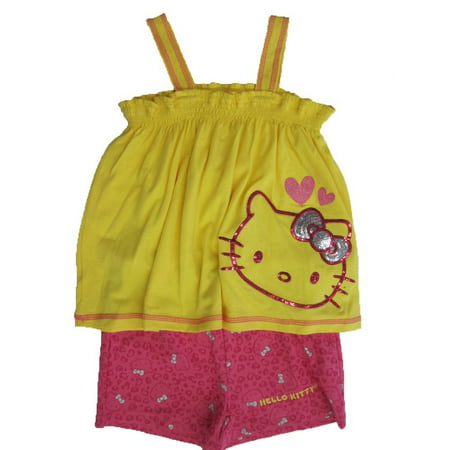 Hello Kitty Little Girls Yellow Fuchsia Sparkle Applique 2 Pc Shorts Set 4-6X