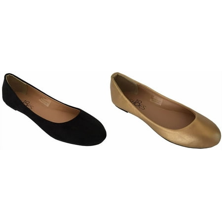 Shoes8teen 2 Pair Womens Round Toe Ballet Flats Black Micro/Gold Pu 6