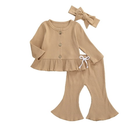 Kiapeise Baby Toddler Girls 3 Pcs Knit Outfits Long Sleeve Buttons Round Neck Ruffle Top + Long Flared Pant + Headband
Kiapeise Baby Toddler Girls 3 Pcs Knit Outfits Long Sleeve Buttons Round Neck Ruffle Top + Long Flared Pant + Headband