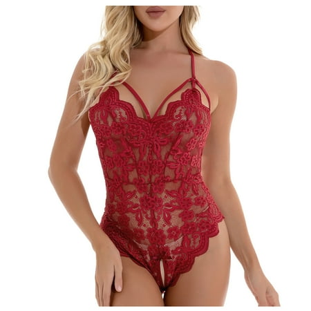 

Women s Sheer Lace Mesh Insert Strappy Teddy V Neck Lingerie Babysuit