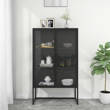 Htovila Highboard Black 31.5 x13.8 x53.1 Steel and Tempered Glass