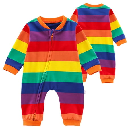 Actoyo 0-18M Infant Baby Girls Boys Rainbow Striped Long Sleeve Zipper Romper Outfit Fall Clothes