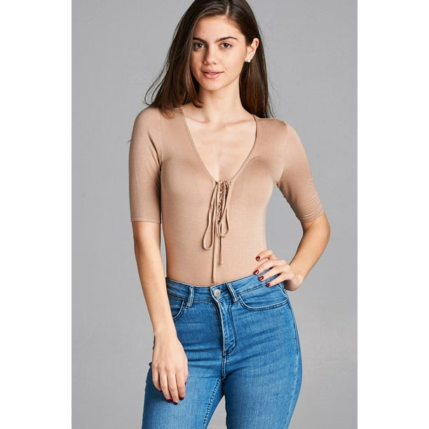 Elbow Sleeve Lace-Up Bodysuit