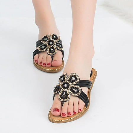 HIBRO Women s Shoes Fashion Rhinestone Pearl Fowers Wedge Round Toe Soft Sole Sandals