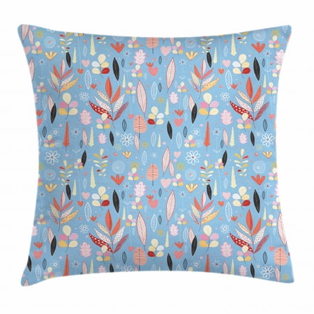 Colorful Throw Pillow Cushion Cover, Floral Artwork Autumn Leaves on Blue Backdrop Garden Theme Nature Illustration, Decorative Square Accent Pillow Case, 16 X 16 Inches, Multicolor, by Ambesonne