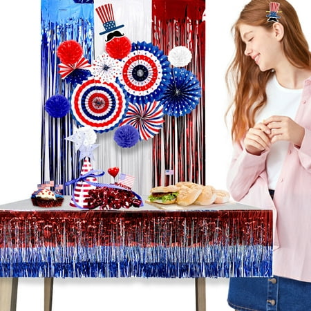 

Hxroolrp 4Th Of July Decor 2 Pack Red White And Blue Wavy Metallic Foil Fringe Table Skirt For Rectangle And Round Tables Table Decorations For Memorial Day Labor Day