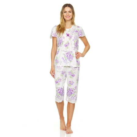 Lati Fashion Women Capri and Short Sleeve Top 2-Piece Female Pajamas Set Purple L