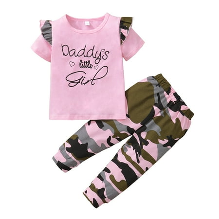 3T Toddler Baby Girls Outfits Short Sleeve Letter Print Ruffle Sleeve T-shirt Top +Camouflage Print Pants 2Pcs Clothes Set 3-4T Pink