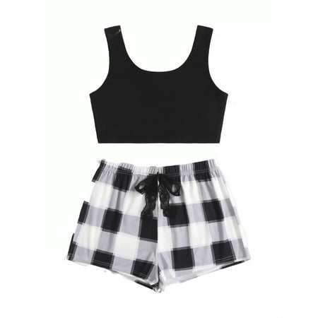 Womens Pajama Sets Drawstring Scoop Neck Sleepwear Black and White XL