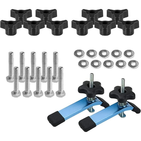 POWERTEC 71846 T-Track Knobs with 1/4-20 x 1-1/2 Hex Bolts and Washers (Set of 10) and 2 Hold Down Clamps 5-1/2 L