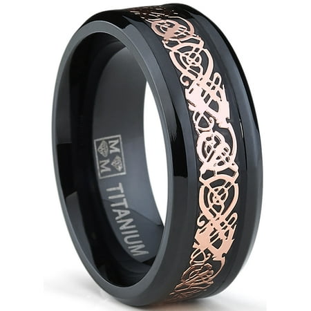 8MM Men's Black Titanium Wedding Band Ring with Pink Celtic Dragon Inlay, Comfort Fit