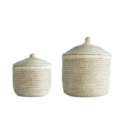 Creative Co-Op Whitewashed Woven Baskets with Lids (Set of 2 Sizes)