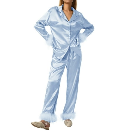 Women Satin Feather Pajama Set Long Sleeve Button Down Shirts Fur Trim Pants Pjs Sets 2 Piece Loungewear Sleepwear
Women Satin Feather Pajama Set Long Sleeve Button Down Shirts Fur Trim Pants Pjs Sets 2 Piece Loungewear Sleepwear
