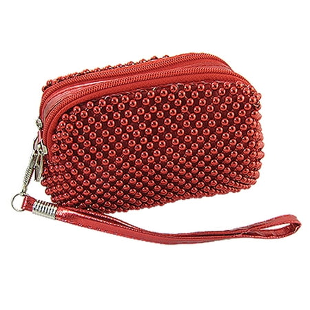 Faux Leather Strap Beaded Cover Purse Bag Red for Women